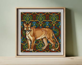 Mountain Lion cross stitch pattern PDF, square antique style, cougar puma, Wildlife Series