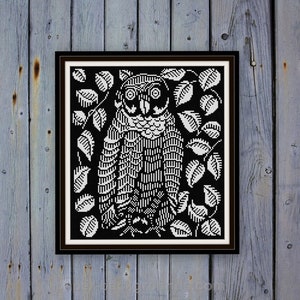 Le Hibou The Owl cross stitch pattern PDF Raoul Dufy woodblock art black and white 1911 Bestiary