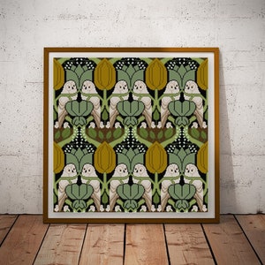 May include: A framed cross-stitch pattern featuring a repeating design of stylized owls, flowers, and leaves in shades of green, yellow, and white.