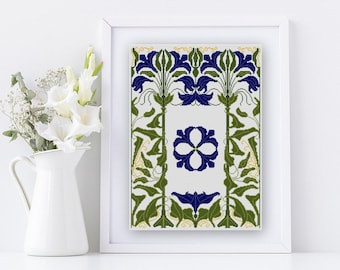 Art Nouveau Blue Iris Cross Stitch pattern PDF blue flower vintage calendar illustration