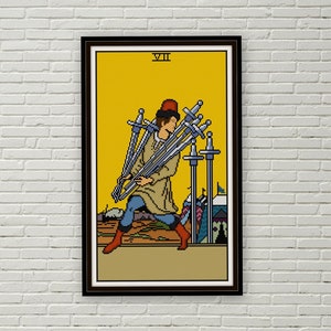 Zeven van zwaarden tarotkaart kruissteekpatroon PDF kleine arcana rider waite