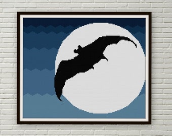 Bat and Moon cross stitch pattern PDF Halloween Black Bat Bat Before the Moon 1910 Japan