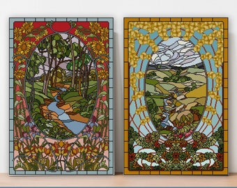 Set of 2 Stained Glass Landscape Cross stitch pattern PDF Oval design Antique stained glass pattern