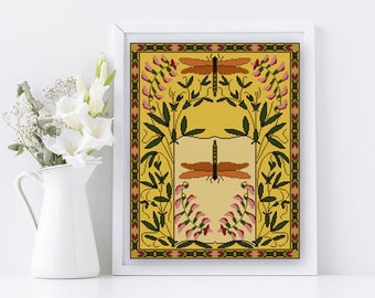 1902 Dragonflies and Sweet Peas cross stitch pattern PDF Art Nouveau Calendar adaptation