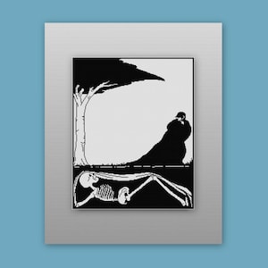 Puede incluir: Ilustración en blanco y negro que representa un esqueleto acostado debajo de un árbol, con una figura con una larga capa en el fondo. La obra de arte tiene un estilo minimalista, con contrastes marcados y un tema sombrío.