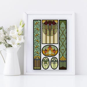 May include: A set of six stained glass window designs featuring geometric patterns in shades of green, yellow, orange, and red. The designs include stylized flowers, leaves, and geometric shapes.