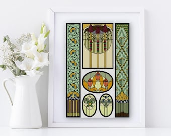Art Deco Stained Glass Cross stitch pattern PDF No. 13 Mint green Abstract oval floral motifs