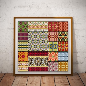 May include: A framed print with a colorful geometric pattern. The print is made up of 16 different squares, each with a unique design. The colors in the print are red, orange, yellow, green, blue, and white.
