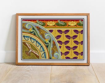 Fish Frog and Dragonfly Panel Cross stitch pattern, Art Nouveau antique illustration Nature charted PDF, needlepoint