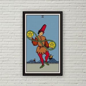 Twee van Pentakels kruissteekpatroon PDF Rider Waite kleine arcana tarot kruissteek