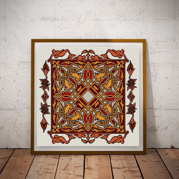 Medieval Illuminated Manuscript Cross stitch pattern PDF orange and copper square mandala style