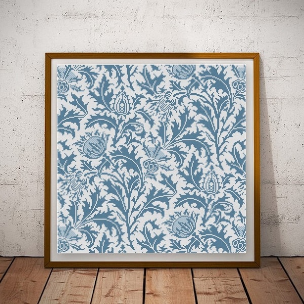 William Morris Thistle cross stitch pattern PDF Arts and Crafts decorative arts floral cross stitch blue botanical