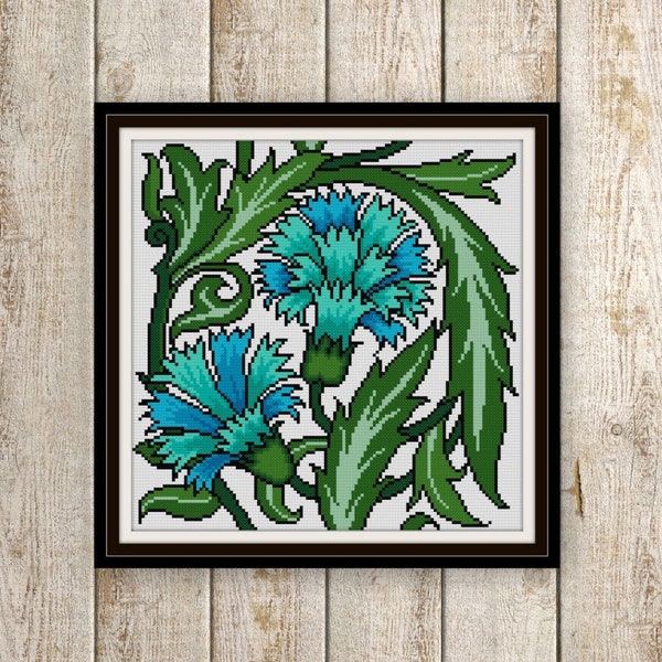 Seagreen Carnations cross stitch pattern William de Morgan tile No. 2 floral antique tile design