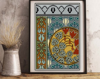 May include: A framed cross-stitch pattern with a circular design featuring stylized flowers and leaves in shades of green, yellow, orange, and red. The background is a light blue with a geometric pattern.