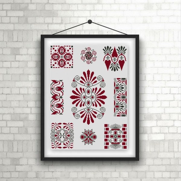 Red and Gray geometric motifs Cross Stitch pattern PDF 1920s Art Nouveau Henri Gillet No. 20