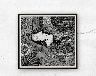 Edgar Allan Poe illustration Woman with Floral details Cross stitch pattern PDF Black and White