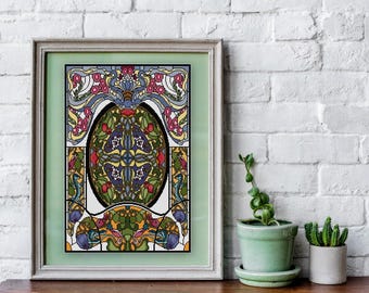 Stylized Stained Glass Cross Stitch pattern PDF No. 9 Blue lizards Pink Red Flowers