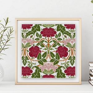 Grandes rosas roxas em ponto cruz, desenho floral quadrado em PDF, padrão botânico CFA Voysey, movimento de artes e ofícios