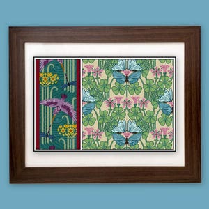 Vogel und Schmetterling Kreuzstichmuster PDF, lila Martins und gelbe Schmetterlinge entworfen Design, Natur, botanische, Jugendstil Tafel