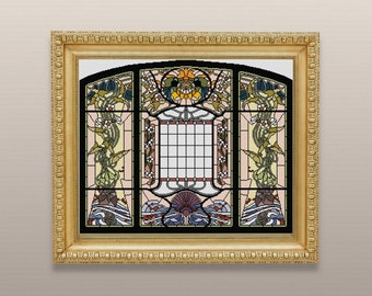 Stained Glass No. 5 Cross stitch pattern PDF Water plants shells Fish stained glass Art nouveau vintage design