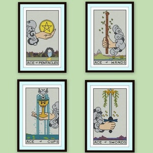 Set van 4 tarot kruissteek PDF's Aas van Pentakels Zwaarden Wands Cups rider waite 4 azen