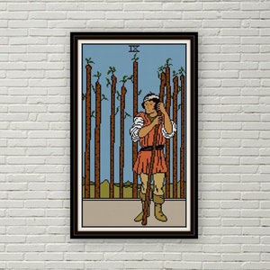 Nueve de Bastos tarot patrón de punto de cruz PDF jinete waite arcanos menores punto de aguja