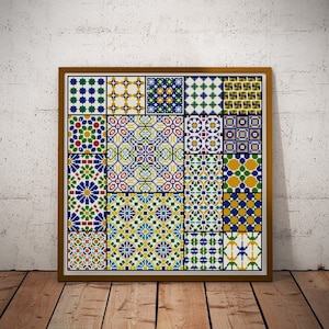 May include: A framed cross-stitch pattern featuring 16 colorful geometric designs in shades of blue, green, yellow, red, and white. The designs are arranged in a grid pattern and are reminiscent of traditional Moroccan tilework.