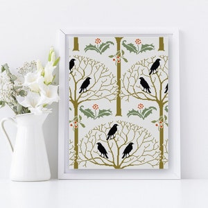 Rook and Holly Berry Cross stitch pattern PDF Art Nouveau Holiday Winter Cross stitch Crows Black birds