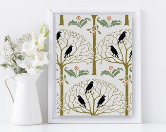 Rook and Holly Berry Cross stitch pattern PDF Art Nouveau Holiday Winter Cross stitch Crows Black birds