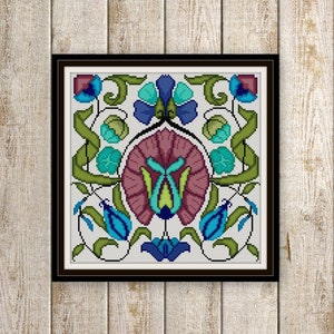 William de Morgan No. 3 Persian motif Floral tile Cross stitch Pattern  blue green and mauve