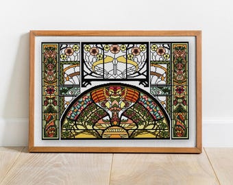 Stained Glass No. 18 Sunrise and Tree Cross stitch pattern PDF, Floral Botanical Nature panel charted design, Art Nouveau