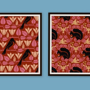 Conjunto de 2 patrones de punto de cruz de ardillas, pájaros y cuervos en PDF, tamaño almohada, gráfico de diseño vintage, rojo y negro, cuadrado