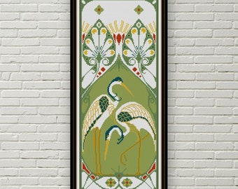 Japanese Crane No. 2 Cross stitch pattern PDF Arts and Crafts green and gold Art Nouveau