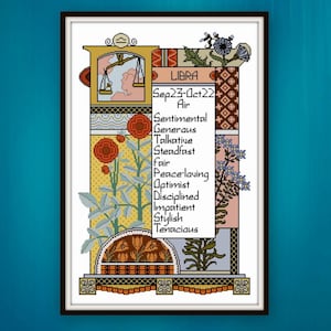 May include: Framed Libra zodiac sign art print. The artwork features a decorative design with floral and geometric elements in shades of beige, orange, and blue. The text includes the word "Libra", dates, and personality traits.