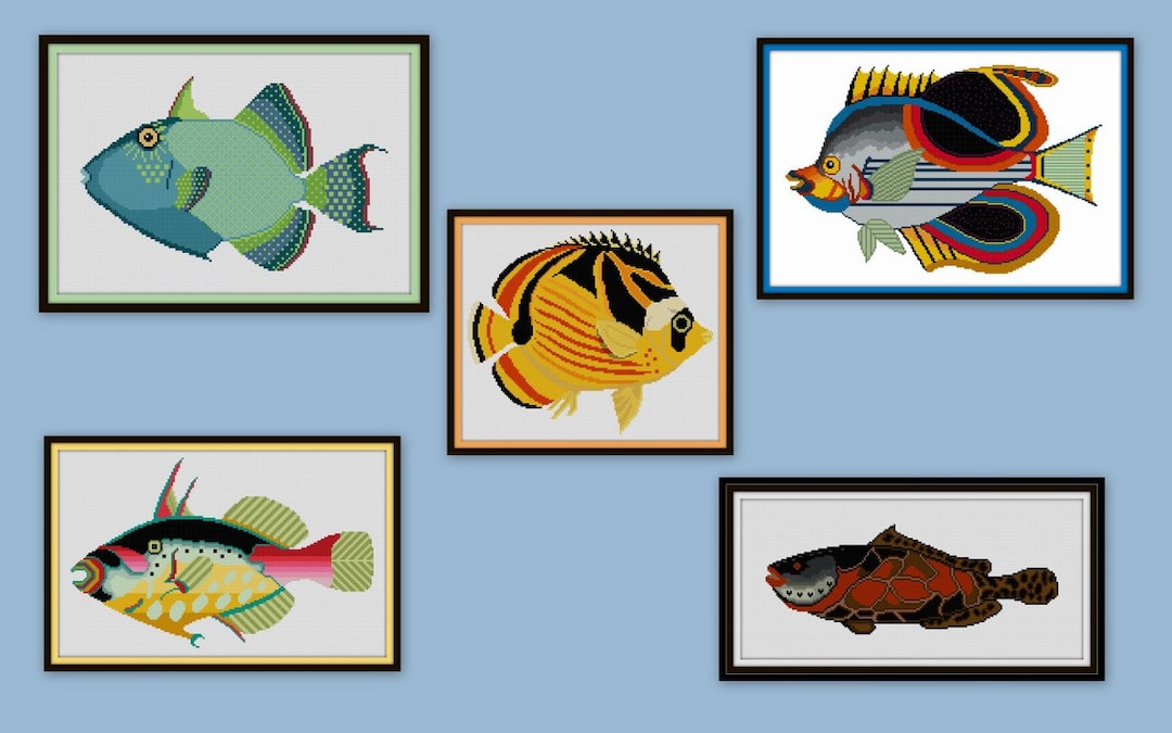 5 Colorful Fish Cross Stitch Patterns Pdfs Sea Life Ocean Cottage Decor ...