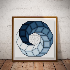 Pode incluir: Um design geométrico emoldurado com um esquema de cores azul e branco. O design é uma ilusão de óptica 3D de um cubo girando em um círculo.