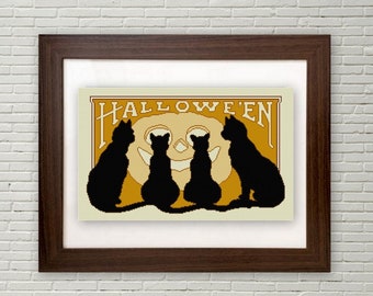 Zwarte katten Halloween-kruissteekpatroon pdf oranje en zwarte pompoen katten silhouetten