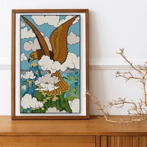 Poster Style Adler Kreuzstichmuster, Gisbert Compaz nr. "6, ""Eagle Mountain Eyrie"" PDF, blau und braun Querformat."