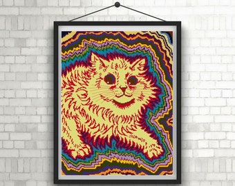 Louis Wain Yellow Cat cross stitch Pattern PDF kaleidoscopic colors