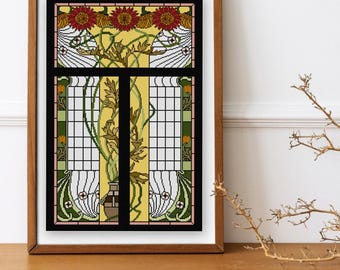 Red Flowers Stained Glass cross stitch pattern PDF No. 11 Art Nouveau Red and Yellow