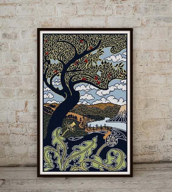 Apple Tree Cross Stitch Pattern PDF Art Nouveau Landscape