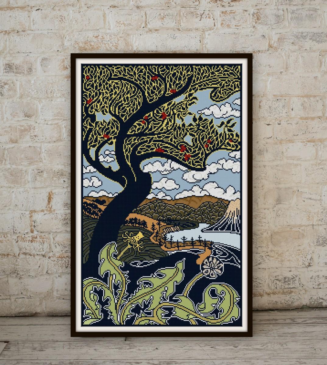 Apple Tree Cross Stitch Pattern PDF Art Nouveau Landscape