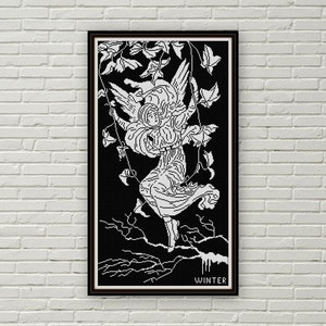 Winterfee Kreuzstichvorlage PDF Constance Foxley Illustration Jugendstil Blumenfee schwarz-weiß Silhouette