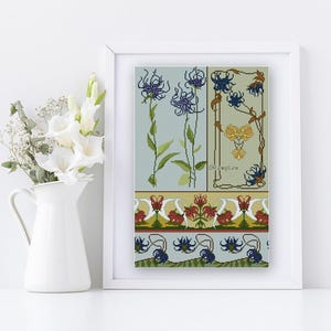 Paarse Rampion-bloemen kruissteekpatroon pdf, Rapunzel-bloemenkaart, paarse en rode botanische vintage illustratie