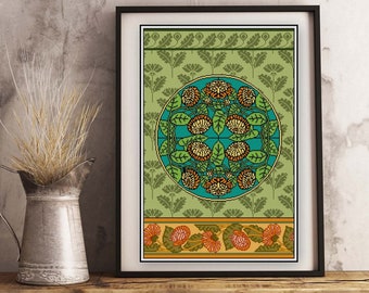 Chrysanthemum Floral Panel No. 1 cross stitch pattern PDF Art Nouveau Historical Botanical Cross stitch