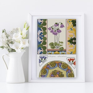 Lila und Gelbe alpine Schneeglocke Blumen Kreuzstichmuster PDF, vintage botanische Illustration kartiert Design
