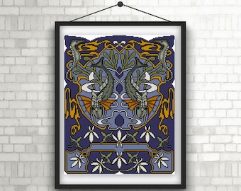 Nature Panel No. 4 Fish and Seahorses Cross stitch pattern PDF Art Nouveau