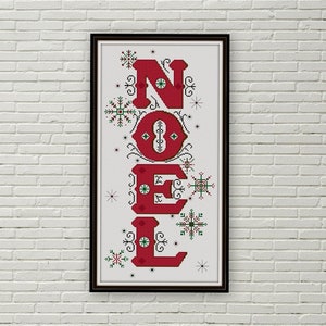 Noel Christmas cross stitch pattern / red and green / holiday cross stitch / red letters