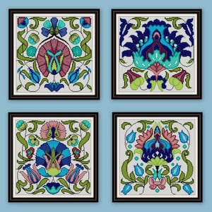 ウィリアム・ド・モーガン ペルシャの花のモチーフタイル 4 枚セット クロスステッチパターン PDF アーツアンドクラフト運動