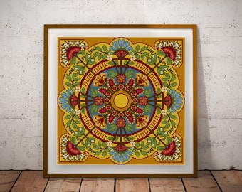 Floral Mandala Christopher Dresser design Cross stitch pattern PDF yellow and red